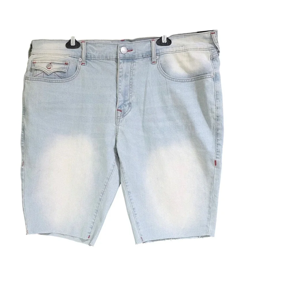 True Religion Ricky Relaxed Straight Denim Shorts Mens 40 Light Blue  Red Stitch